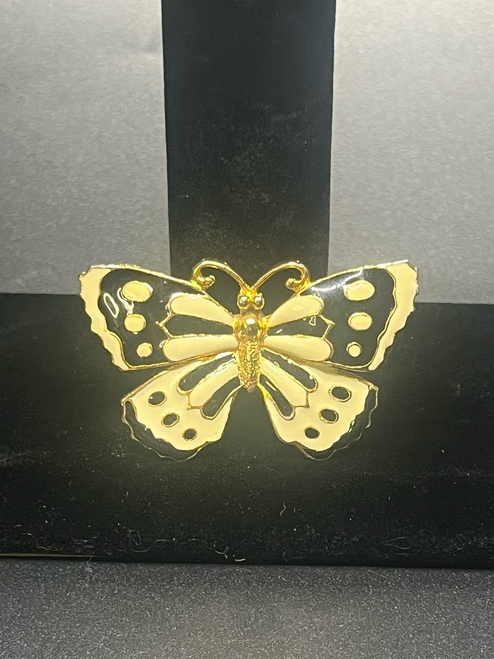 Black & Cream Enamel Butterfly Brooch Gold Tone